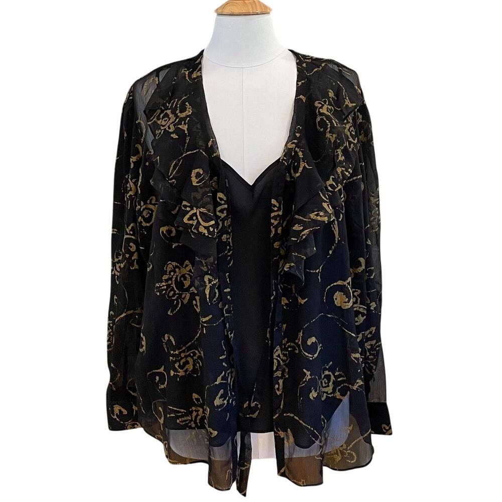 Lauren Ralph Lauren Black, Gold Sheer Ruffle Tie Neck Blouse, Camisole, Size 1X